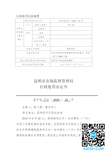 陈义蓉涉嫌销售商标侵权商品案件行政处罚决定书（昆市监处字[2019]22号）_01